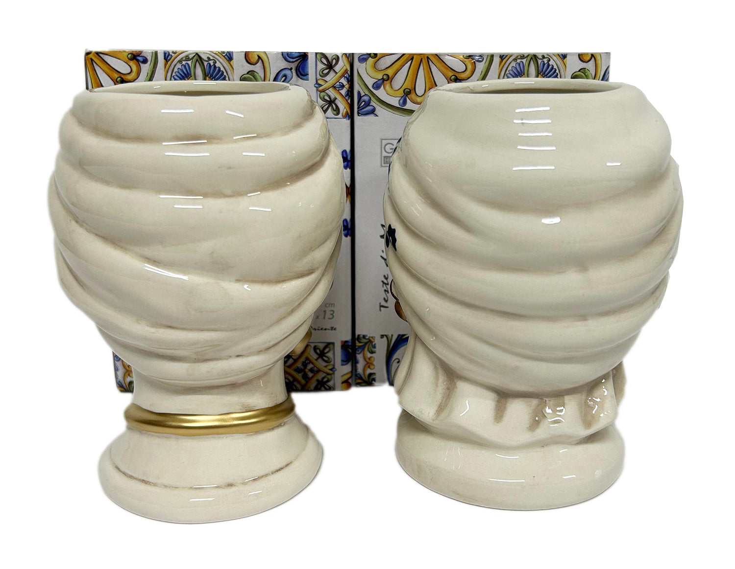 ILAB Pair of Moorish Heads Queen and King in Sicilian Ceramic Hand Decorated Blue and Gold Modern gic h25cm 