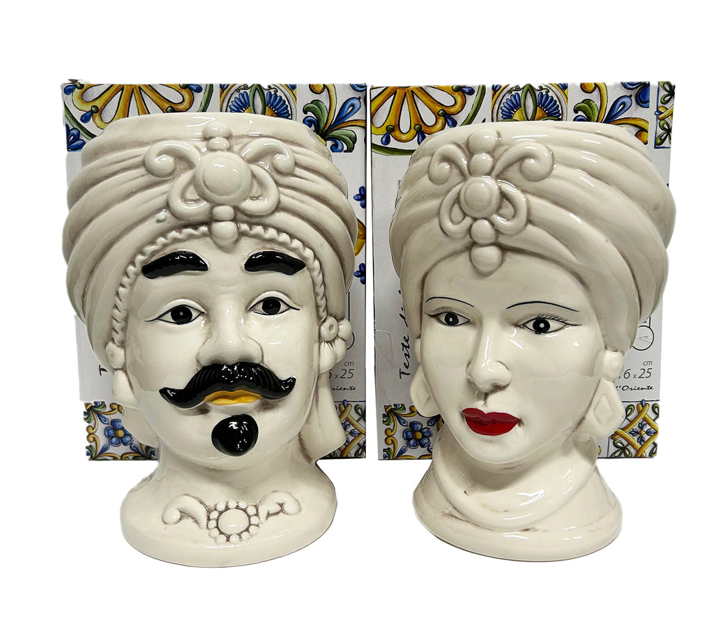 Coppia teste di moro regina e re in ceramica decorata stile siciliano vasi moderni gic (FUMÈ, 16 X H 25 CM)