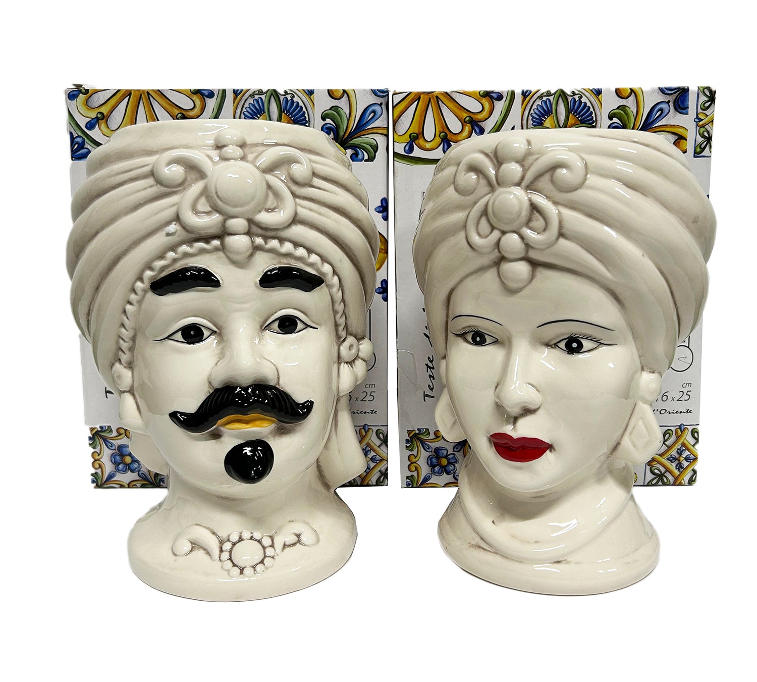 ILAB Pair of Moorish Heads Queen and King in Sicilian Ceramic Hand Decorated Blue and Gold Modern gic h25cm 