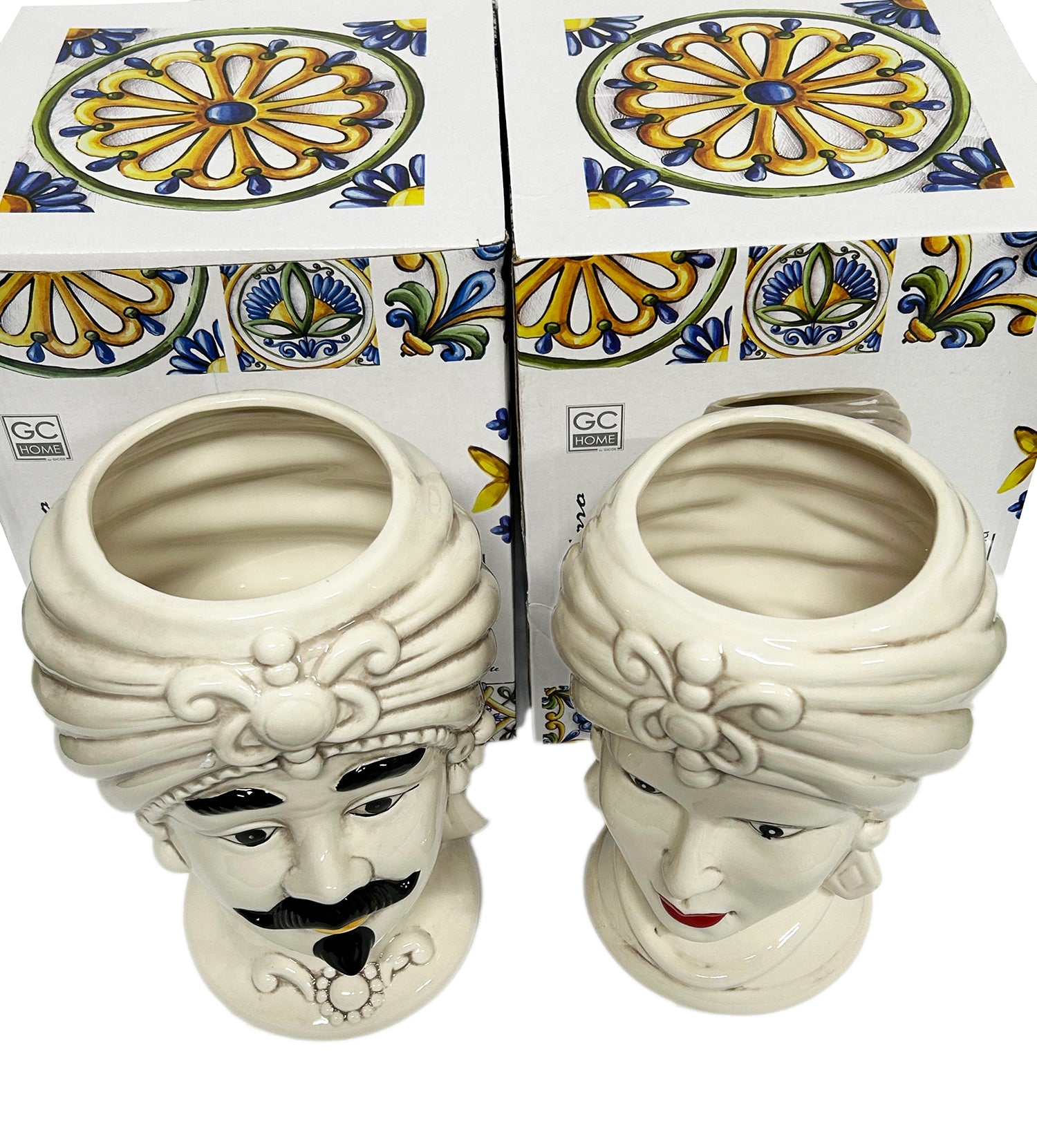 ILAB Pair of Moorish Heads Queen and King in Sicilian Ceramic Hand Decorated Blue and Gold Modern gic h25cm 