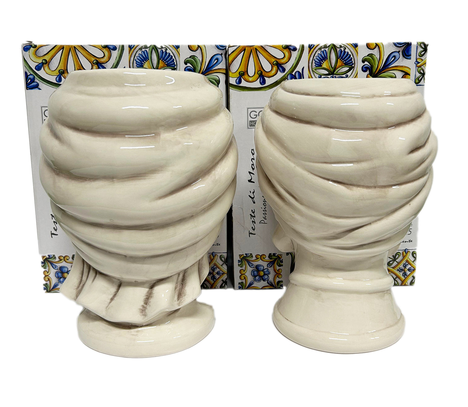 ILAB Pair of Moorish Heads Queen and King in Sicilian Ceramic Hand Decorated Blue and Gold Modern gic h25cm 