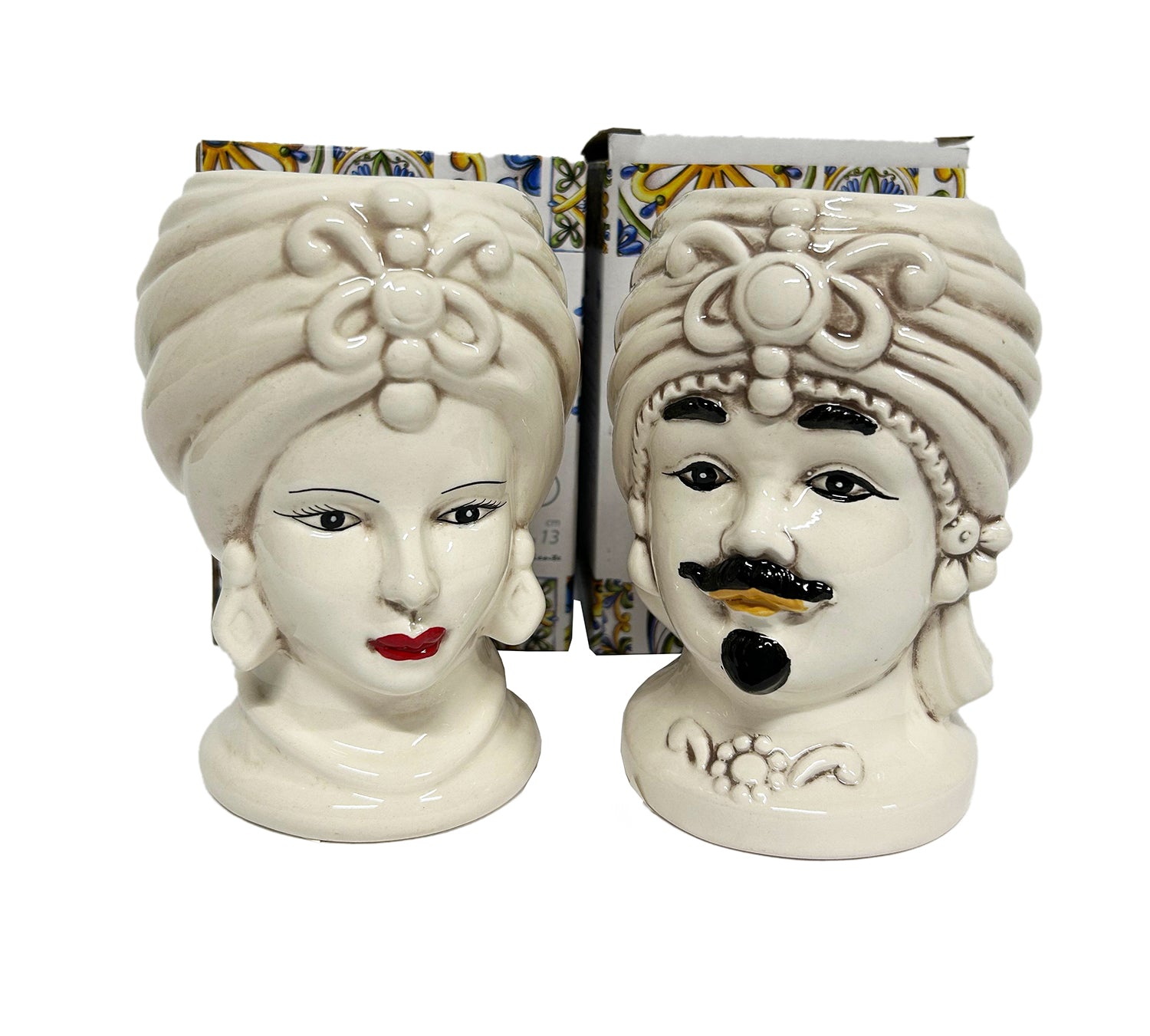 ILAB Pair of Moorish Heads Queen and King in Sicilian Ceramic Hand Decorated Blue and Gold Modern gic h25cm 