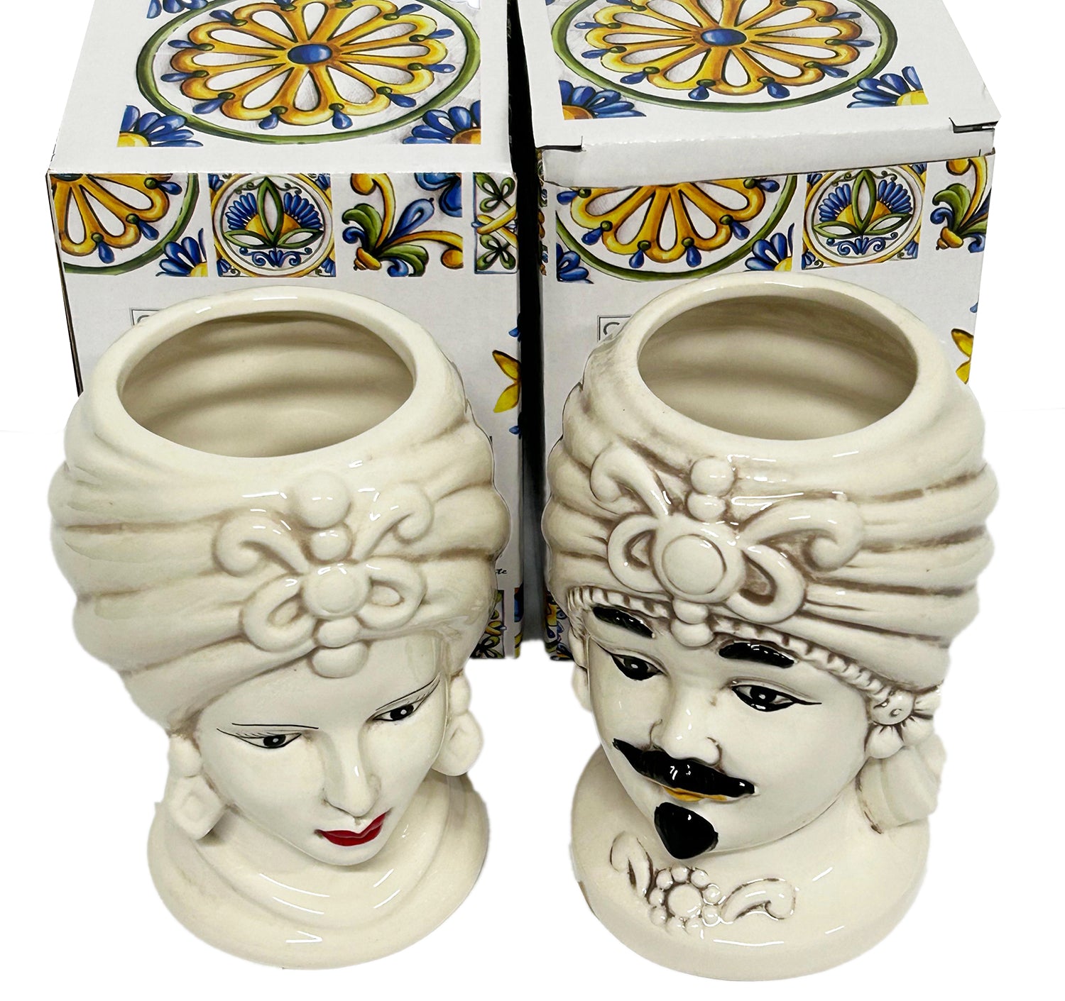 ILAB Pair of Moorish Heads Queen and King in Sicilian Ceramic Hand Decorated Blue and Gold Modern gic h25cm 