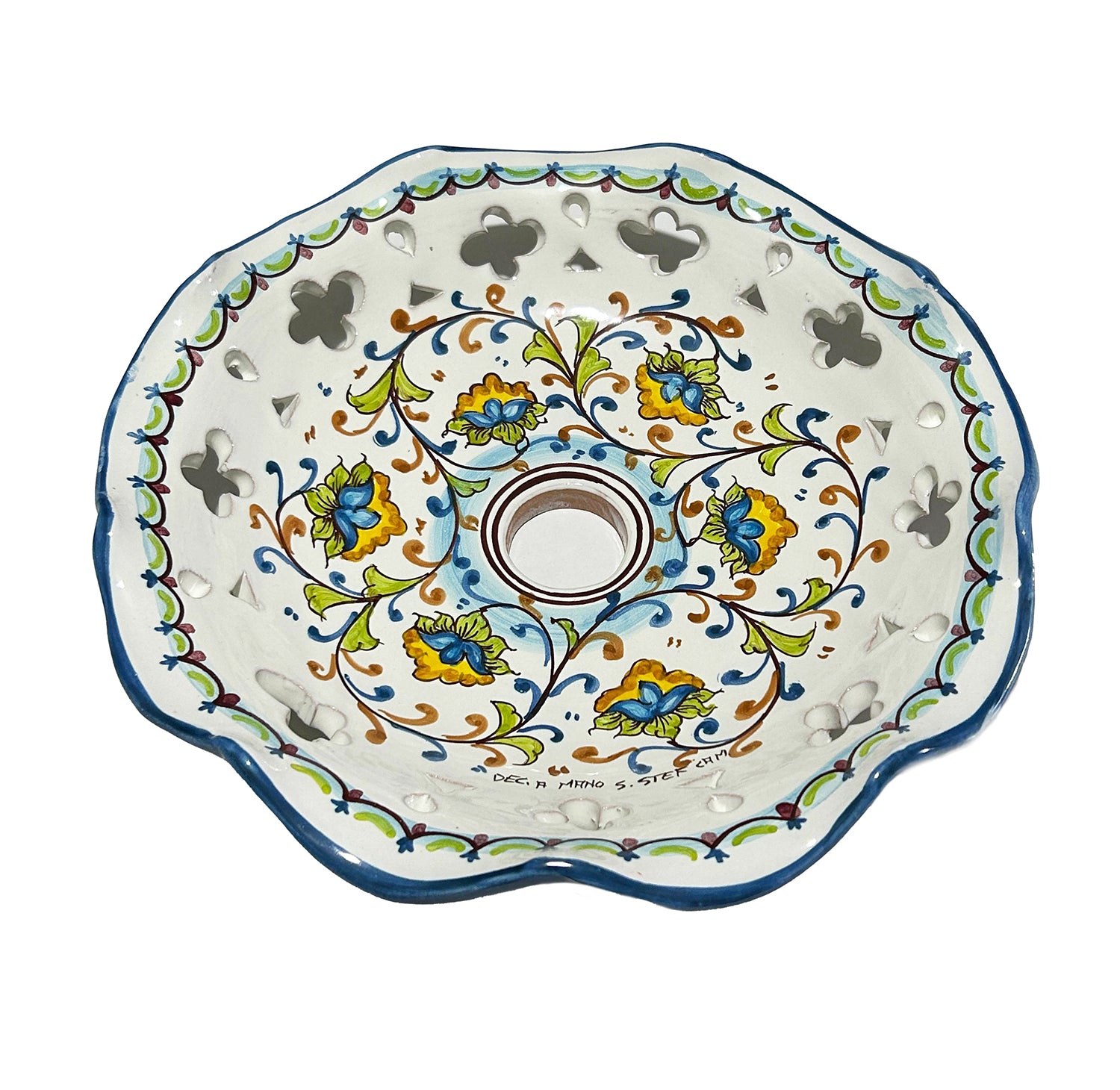 Piatto in ceramica per lampadario decorato realizzato e firmato a mano sospensione art. fiore