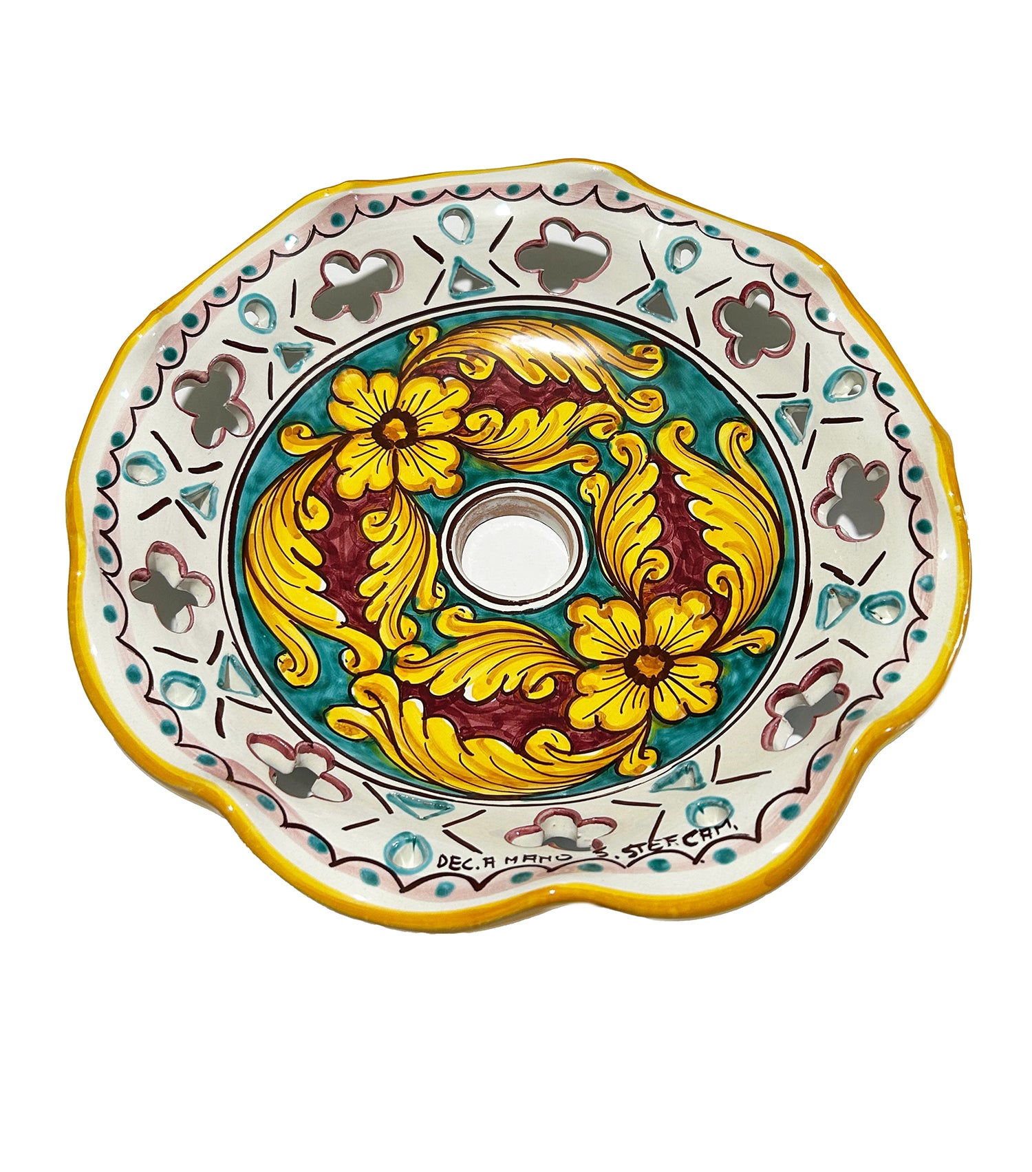 Piatto in ceramica per lampadario decorato realizzato e firmato a mano sospensione art. giulia