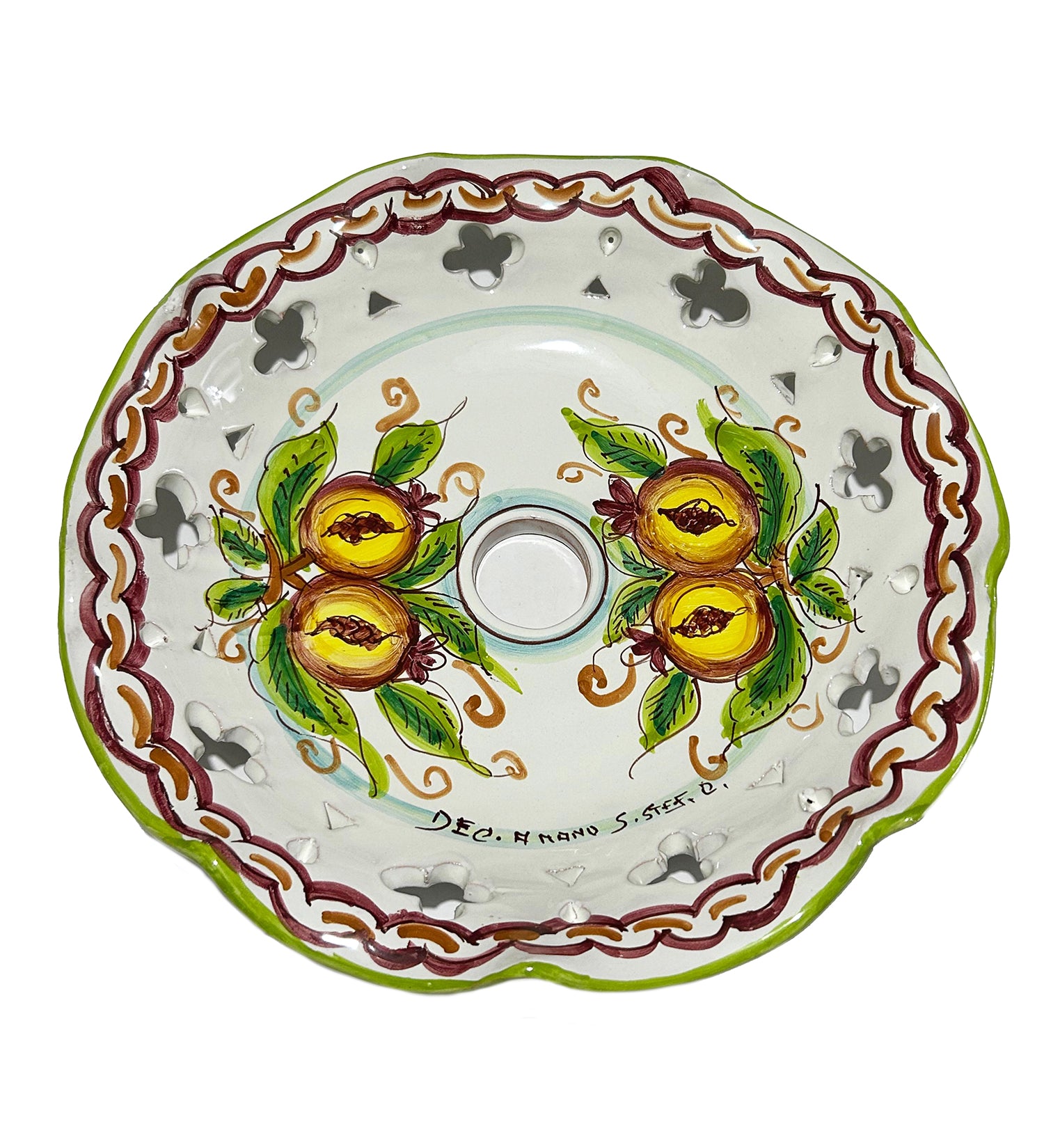 Piatto in ceramica per lampadario decorato realizzato e firmato a mano sospensione art. melograno