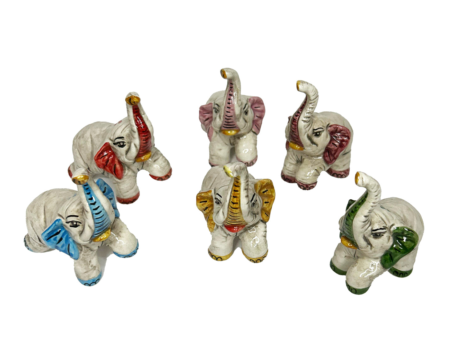 Elefante in ceramica di Caltagione realizzato a mano, animali portafortuna art. piede su rosa