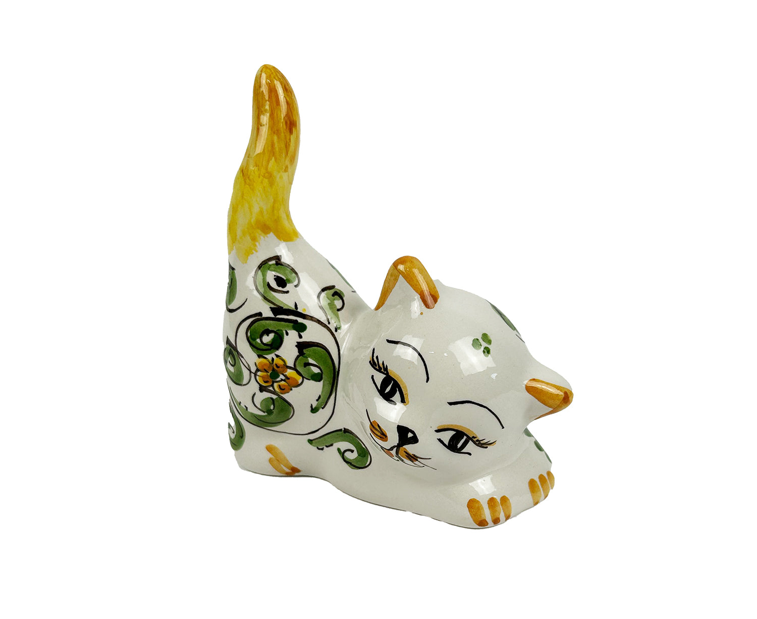 Gatto in ceramica di Caltagione realizzato a mano, animali portafortuna art. verde