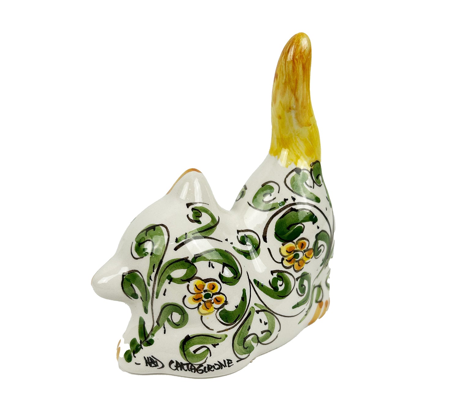 Gatto in ceramica di Caltagione realizzato a mano, animali portafortuna art. verde