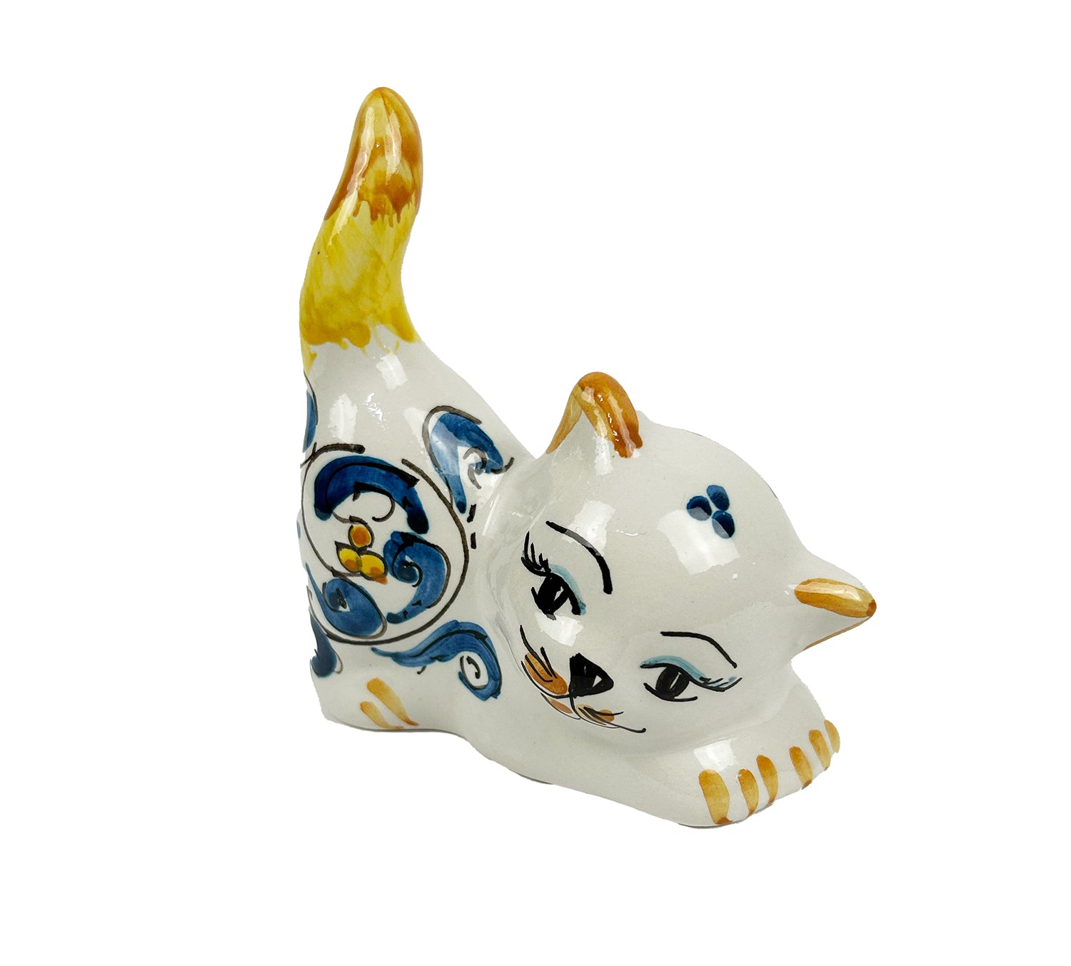 Gatto in ceramica di Caltagione realizzato a mano, animali portafortuna art. blu