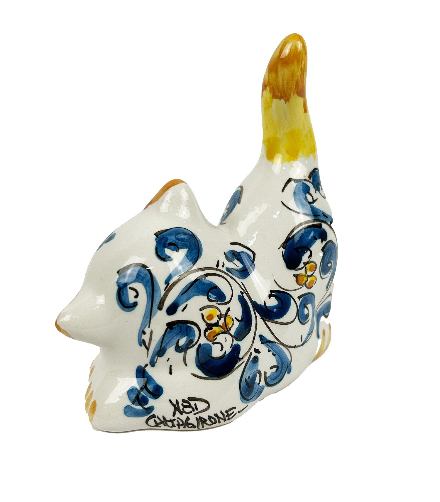 Gatto in ceramica di Caltagione realizzato a mano, animali portafortuna art. blu