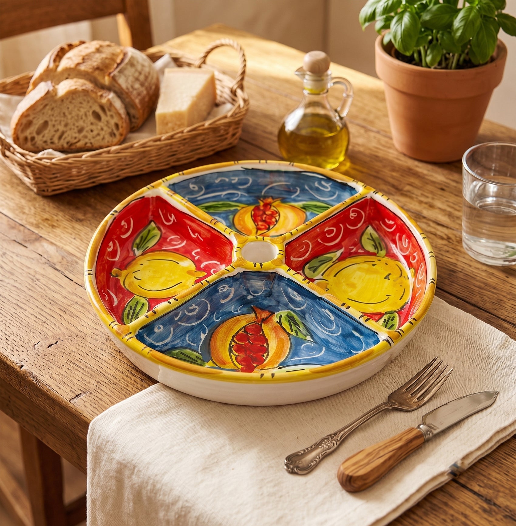Antipastiera tonda in ceramica siciliana di Caltagirone decorata a mano limone melograno