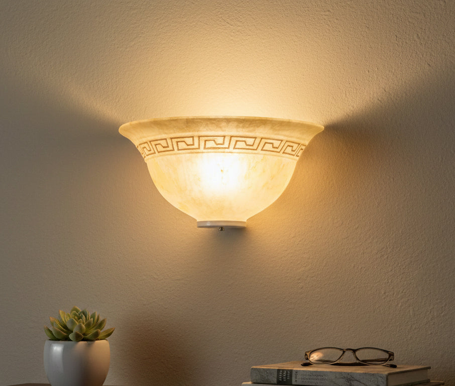 Applique Classica in Vetro, Lampada da Parete a Mezzaluna, 1 Luce, per Bagno, Camera, Soggiorno, Cucina, Scala, Corridoio art. Marmo