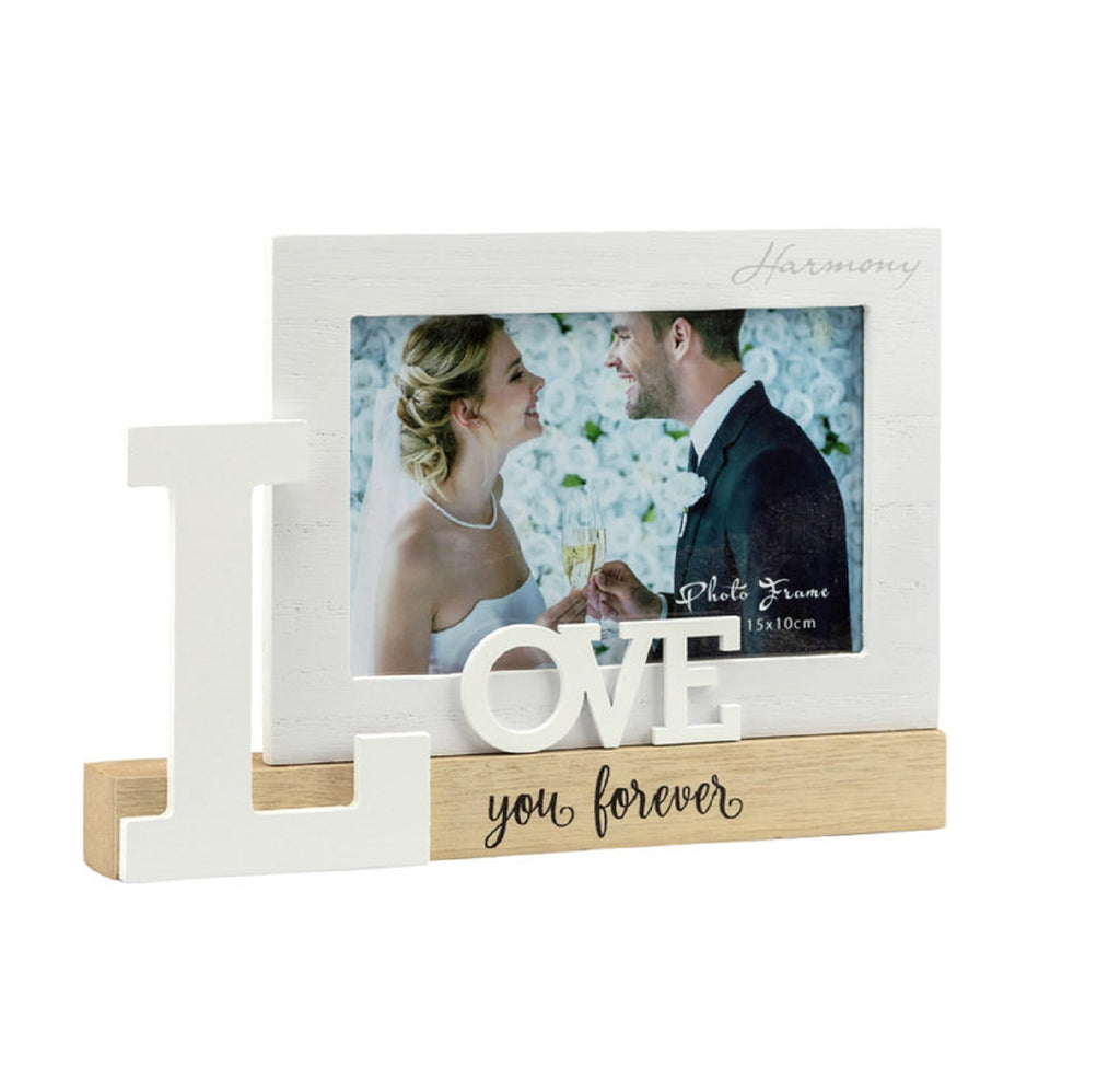 Bomboniera matrimonio portafoto in legno e bianco decorato con scritta harmony ARMT24020