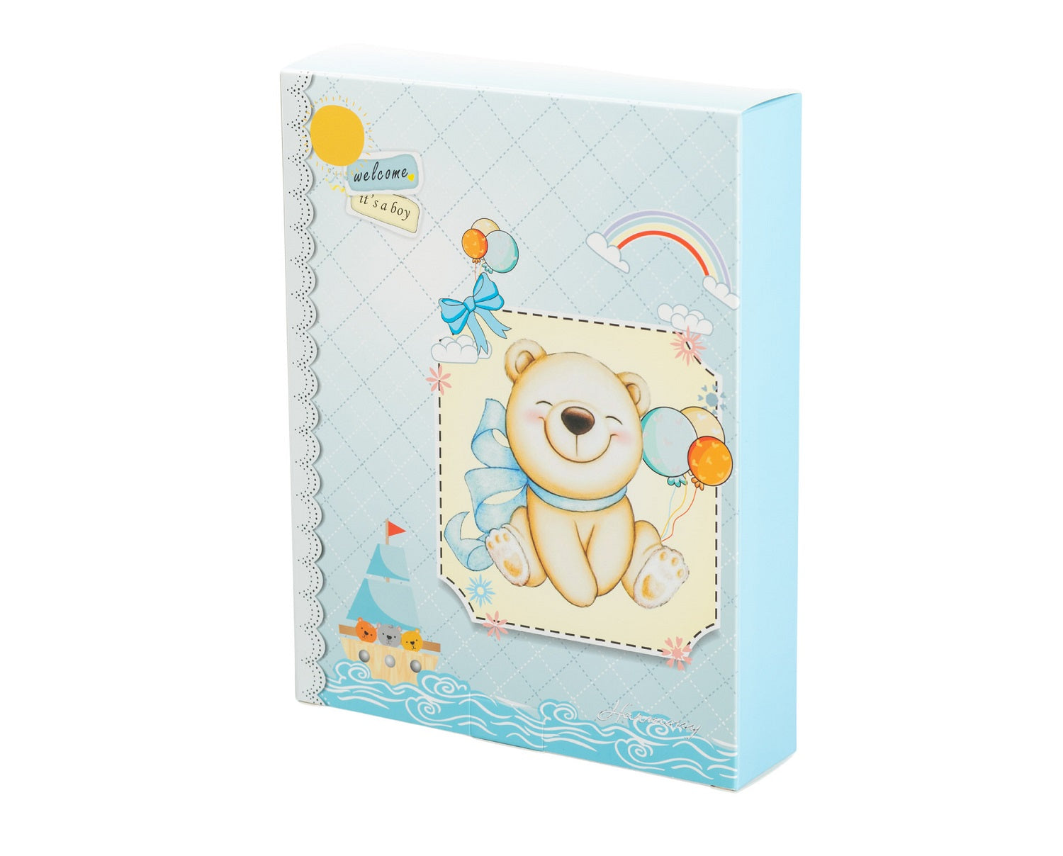 Porta foto blu bimbo con orsetto bomboniera per nascita, battesimo, Harmony ARNB26051