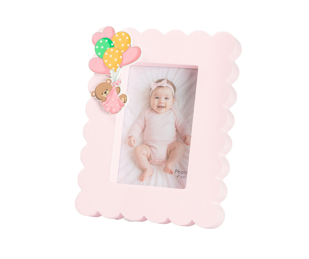 Porta foto rosa bimba in legno con orsetto bomboniera per nascita, battesimo, Harmony ARNB26052