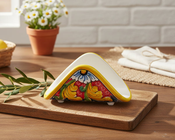 Handkerchief napkin holder in ceramic decorated by hand by Sicilian ceramists red flower art 10