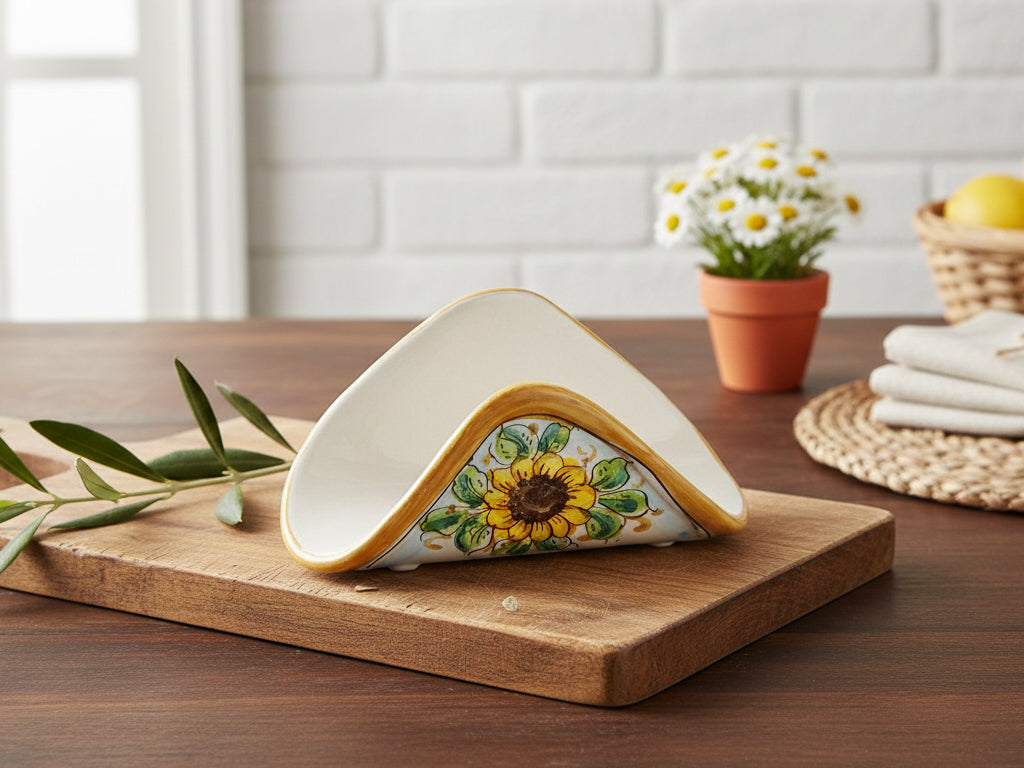 Handkerchief napkin holder in ceramic decorated by hand by Sicilian ceramists sunflower art 10