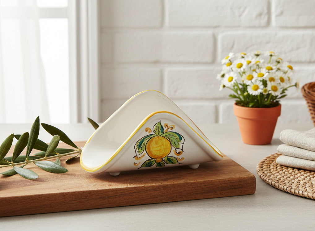 Handkerchief napkin holder in ceramic hand-decorated by Sicilian ceramists lemons art 10