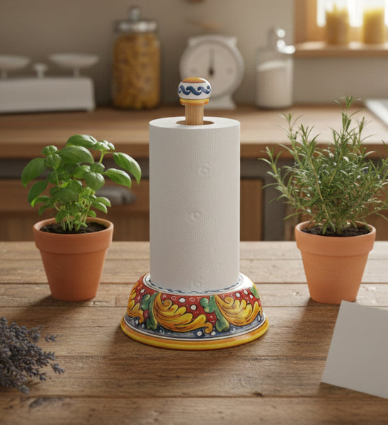 Portarotolo in ceramica decorata a mano da ceramisti siciliani fiore rosso art 11