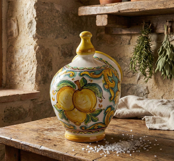 Saliera in ceramica decorata a mano da ceramisti siciliani limoni art 15