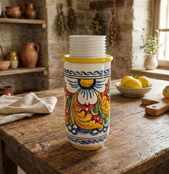 Portabicchieri grande in ceramica decorata a mano da ceramisti siciliani fiore rosso art 17