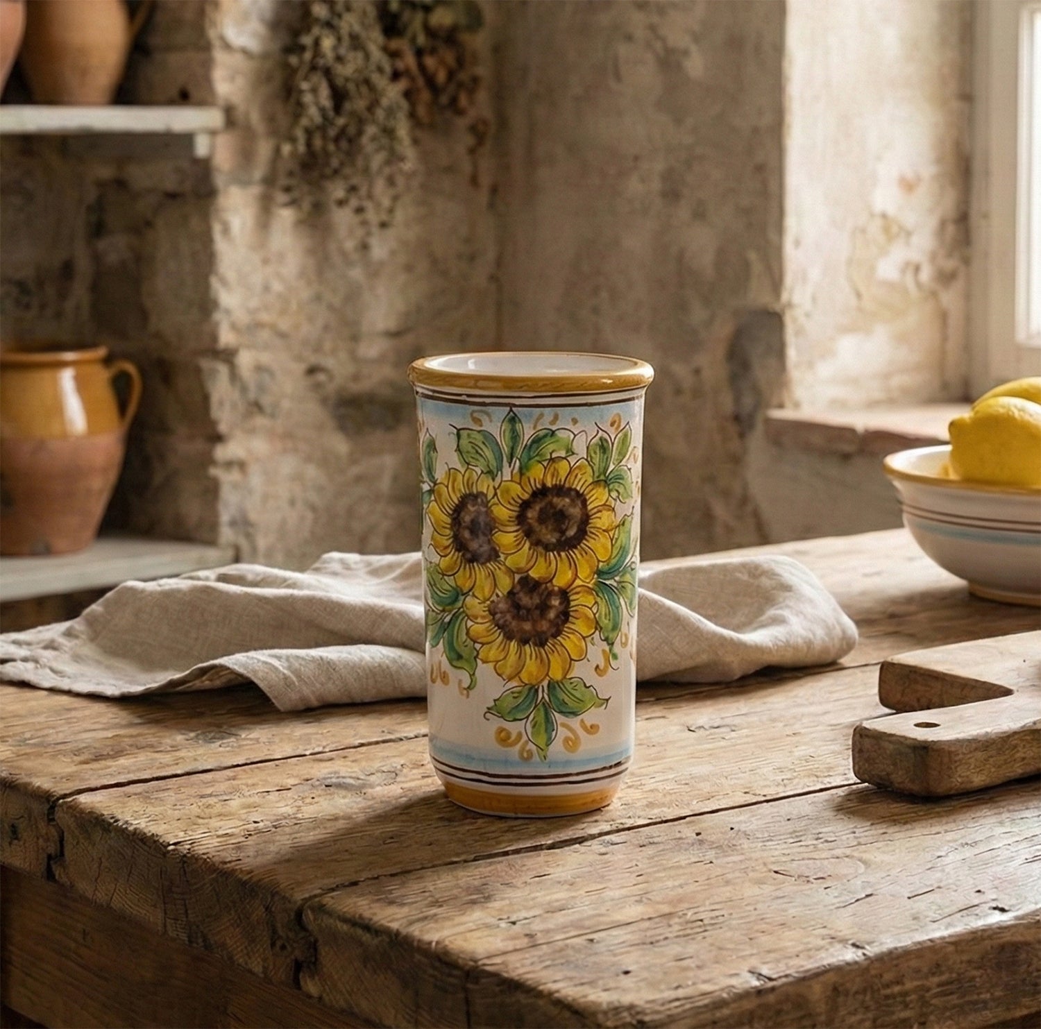 Large ceramic cup holder hand decorated by Sicilian ceramists sunflower art 17