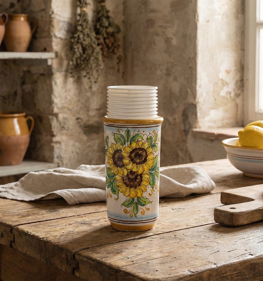 Large ceramic cup holder hand decorated by Sicilian ceramists sunflower art 17
