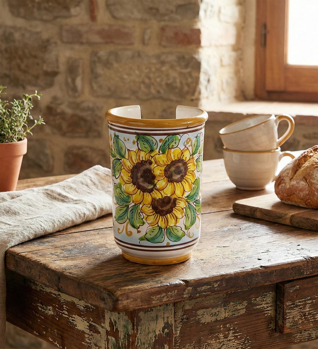 Small ceramic cup holder hand decorated by Sicilian ceramists sunflower art 18