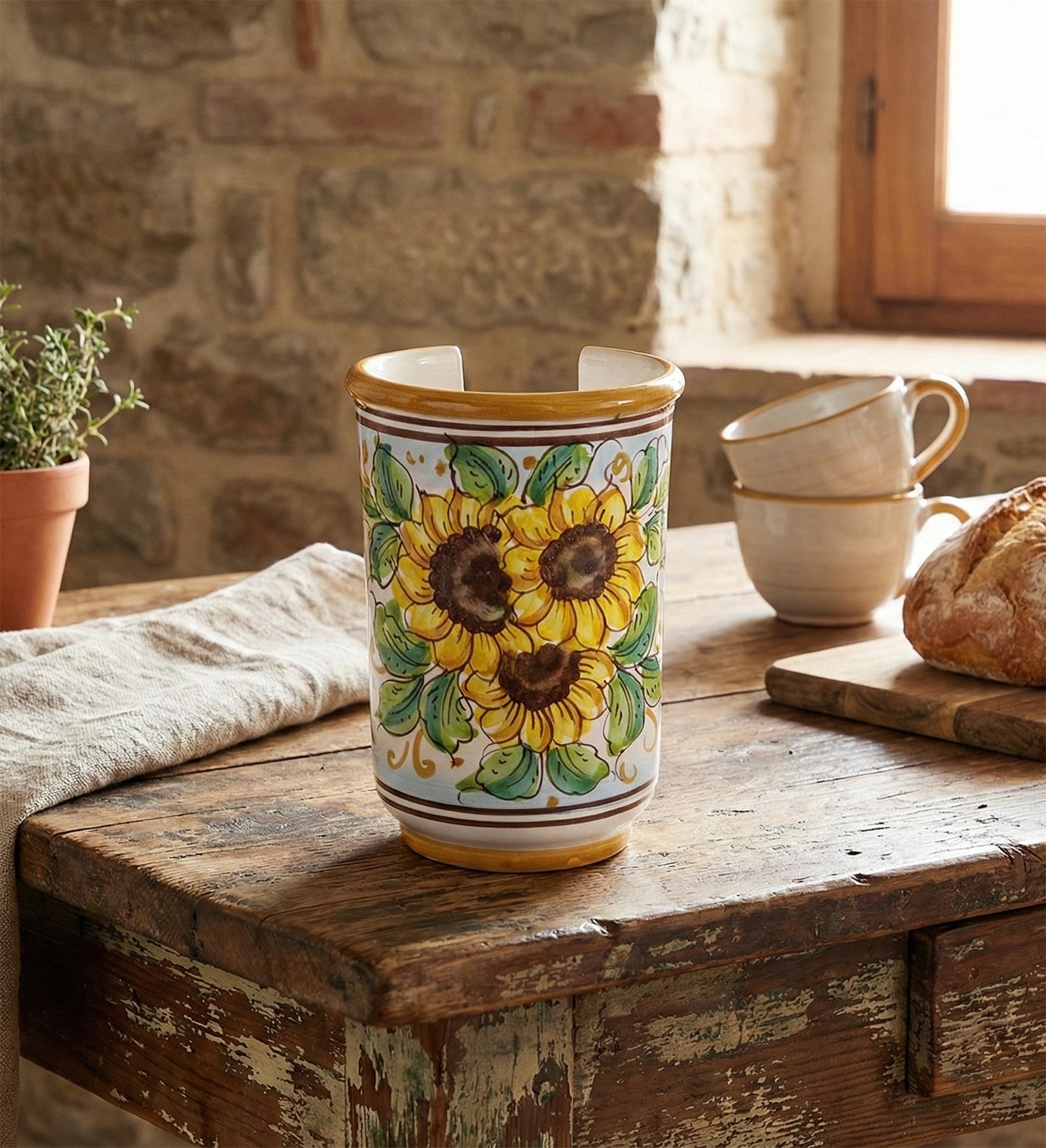 Small ceramic cup holder hand decorated by Sicilian ceramists sunflower art 18