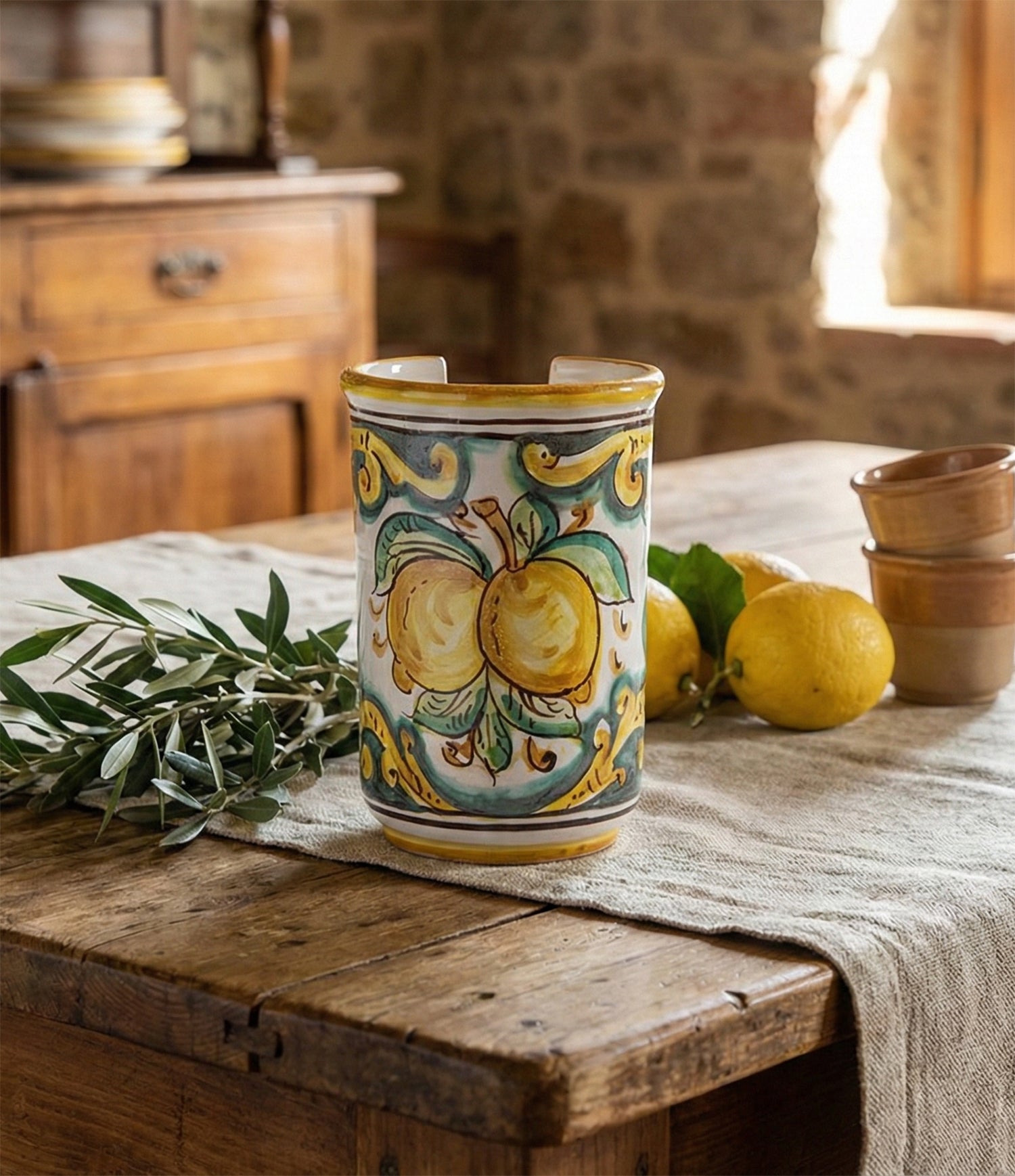 Portabicchieri piccolo in ceramica decorata a mano da ceramisti siciliani limoni art 18