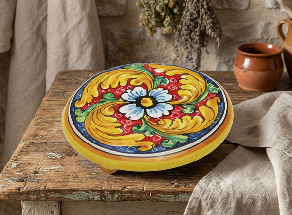 Sottopentola in ceramica decorata a mano da ceramisti siciliani fiore rosso art 19