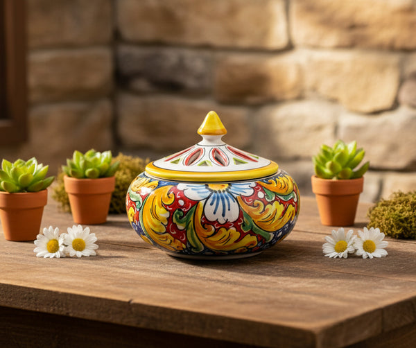 Portacaramelle grande in ceramica decorata a mano da ceramisti siciliani fiore rosso art 1