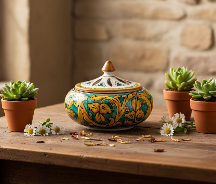 Large ceramic candy holder hand-decorated by Sicilian ceramists Gianluca art 1