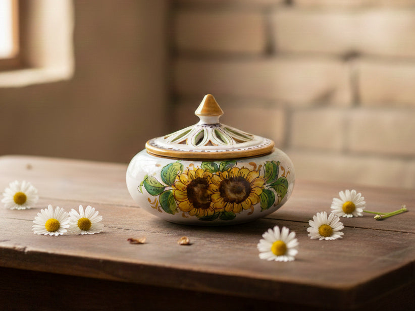 Portacaramelle grande in ceramica decorata a mano da ceramisti siciliani girasole art 1