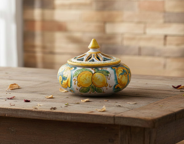 Portacaramelle grande in ceramica decorata a mano da ceramisti siciliani limoni art 1