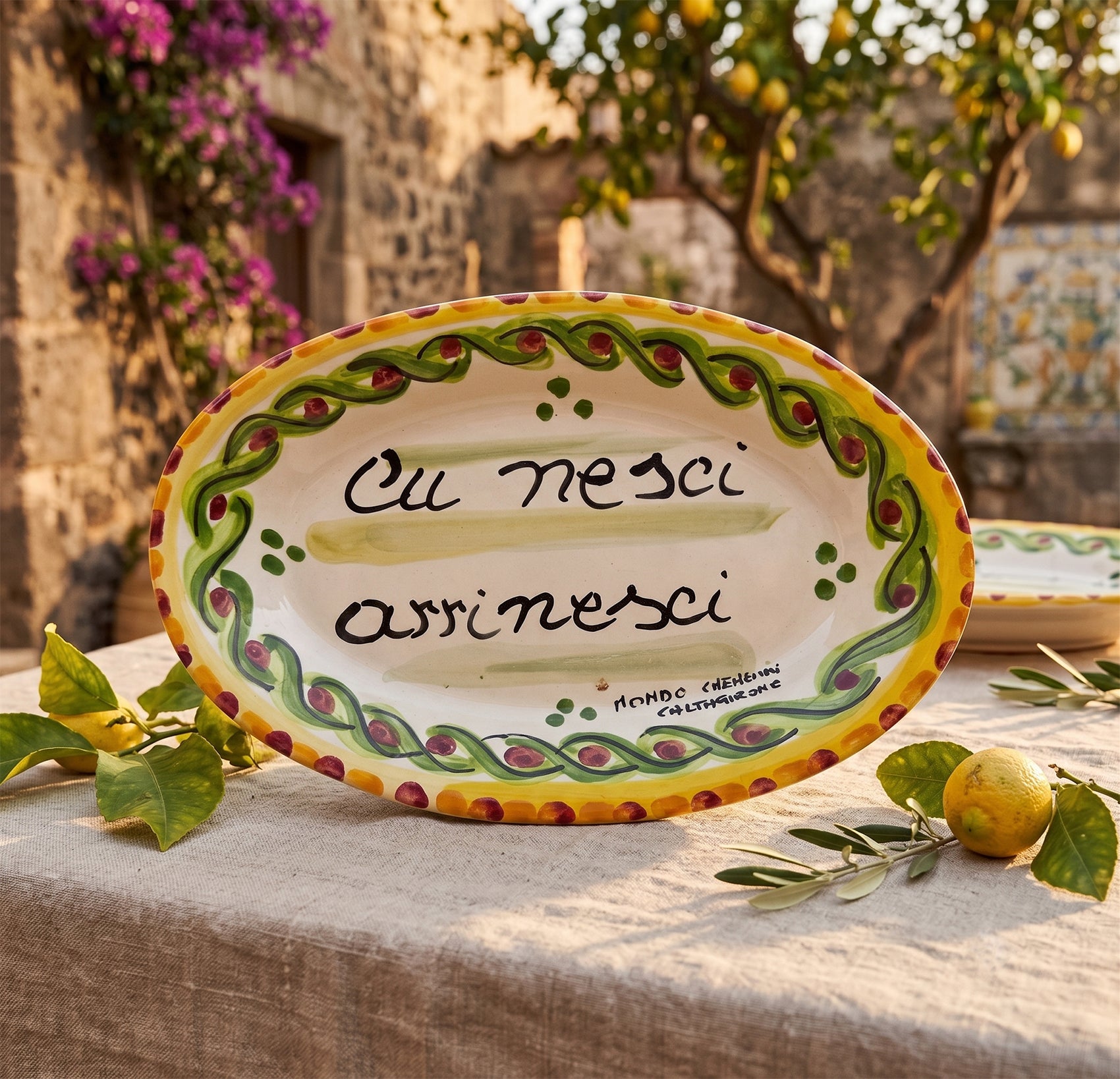 Vassoio proverbio siciliano in ceramica di Caltagirone decorato a mano art 2