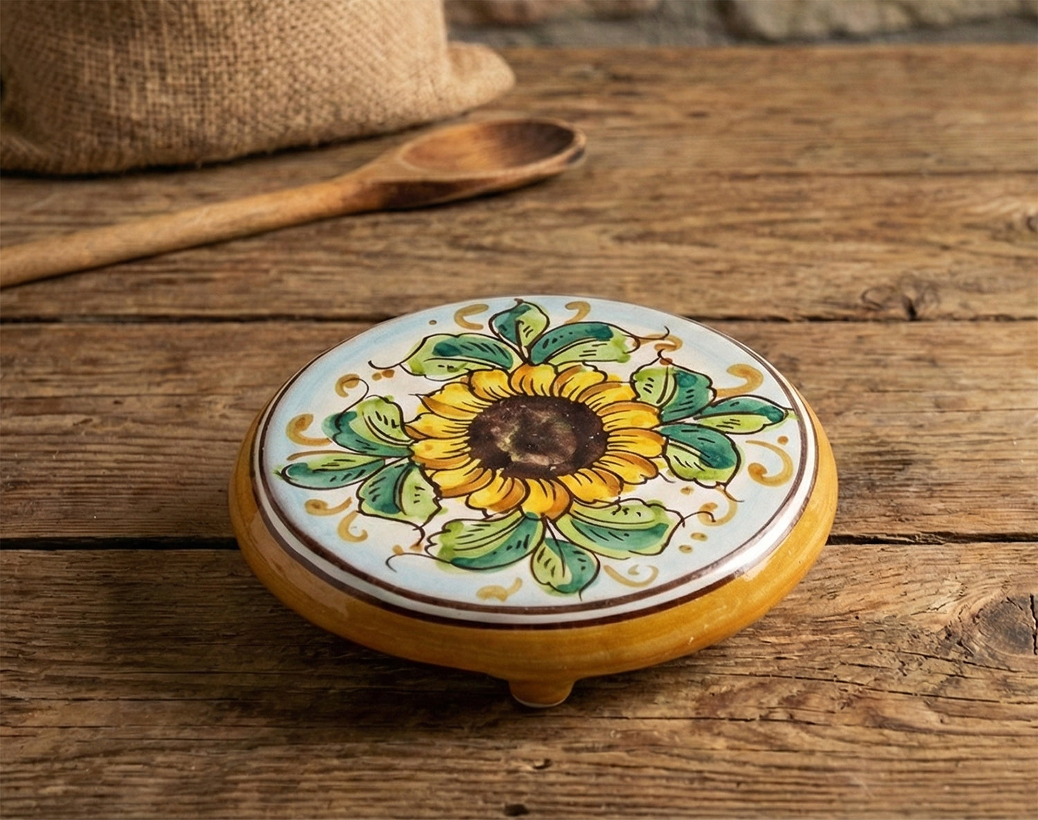 Ceramic coffee pot holder hand decorated by Sicilian ceramists sunflower art 20