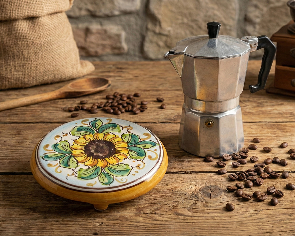 Ceramic coffee pot holder hand decorated by Sicilian ceramists sunflower art 20