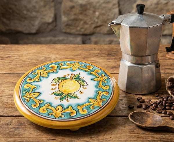 Porta caffettiera in ceramica decorata a mano da ceramisti siciliani limoni art 20