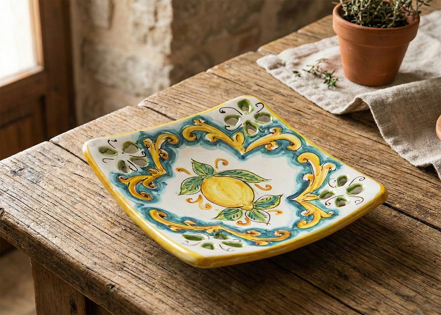 Svuotatasche in ceramica decorata a mano da ceramisti siciliani limoni art 21