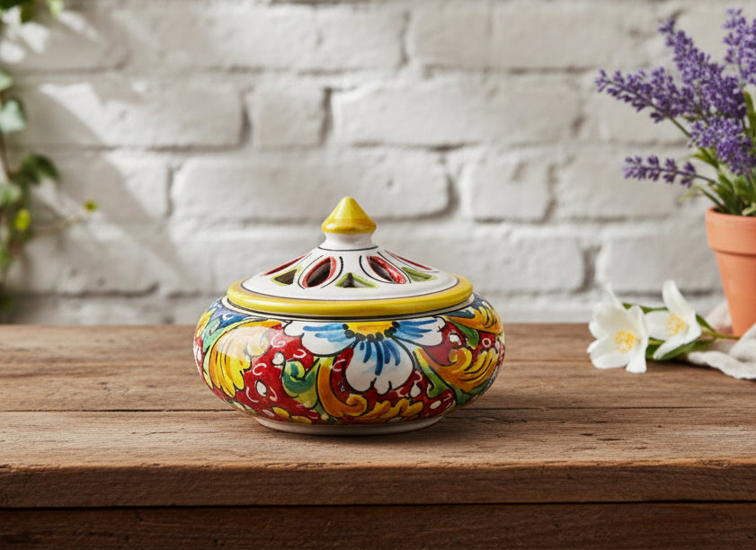 Small ceramic candy holder hand-decorated by Sicilian ceramists red flower art 2
