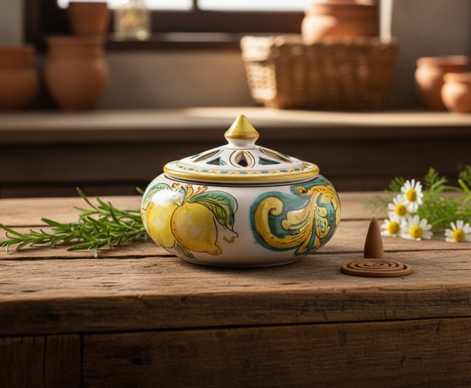 Small ceramic candy holder hand-decorated by Sicilian ceramists lemons art 2