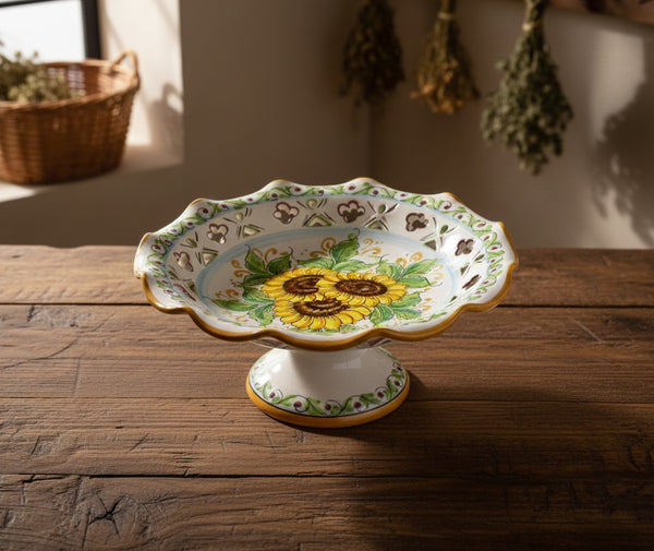 Centrotavola alzata grande in ceramica decorata a mano da ceramisti siciliani girasole art 3