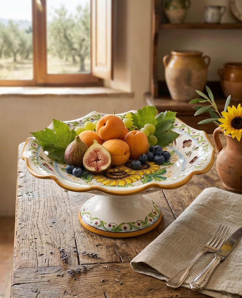 Centrotavola alzata grande in ceramica decorata a mano da ceramisti siciliani girasole art 3