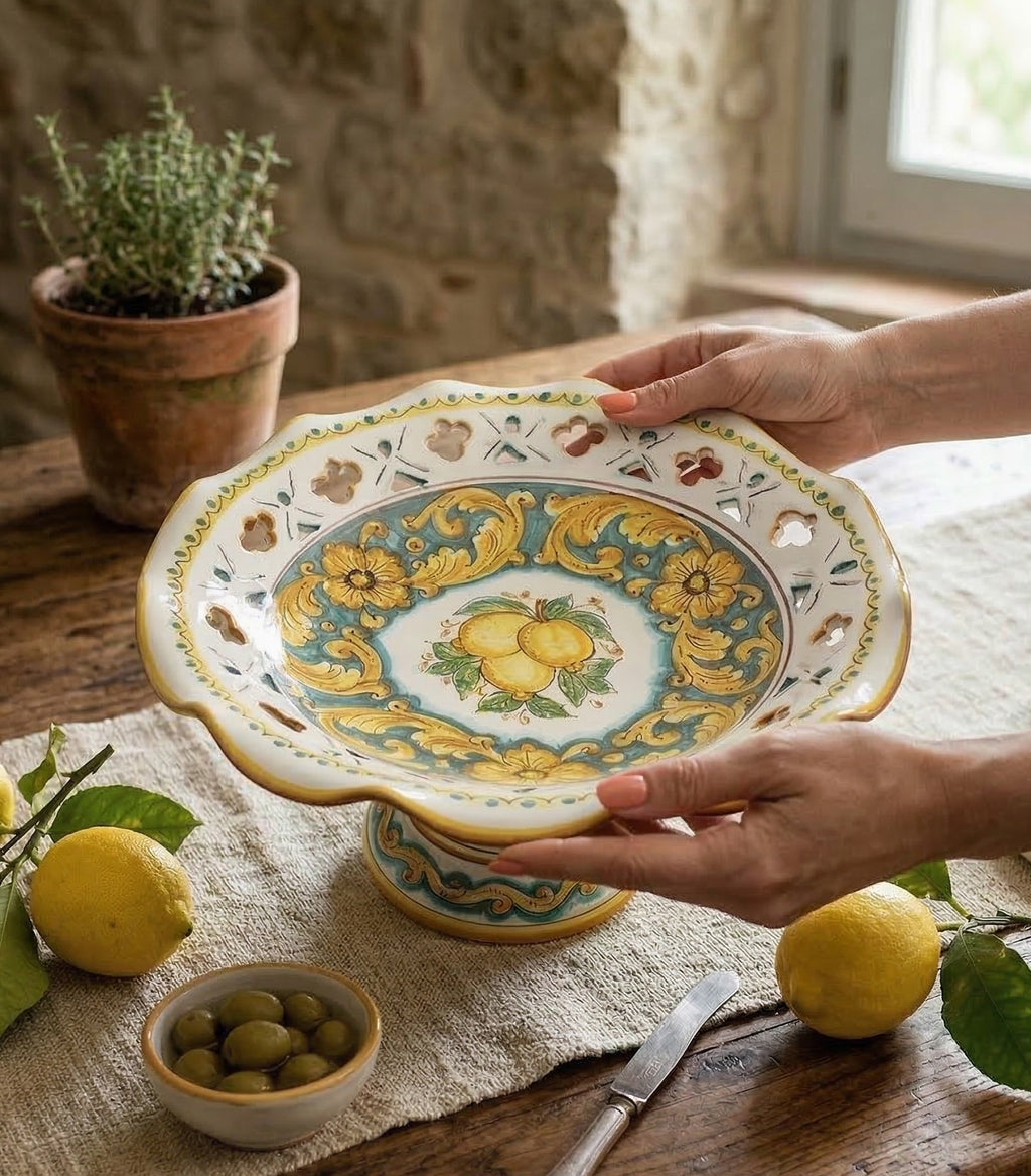 Large ceramic centerpiece decorated by hand by Sicilian ceramists lemons art 3