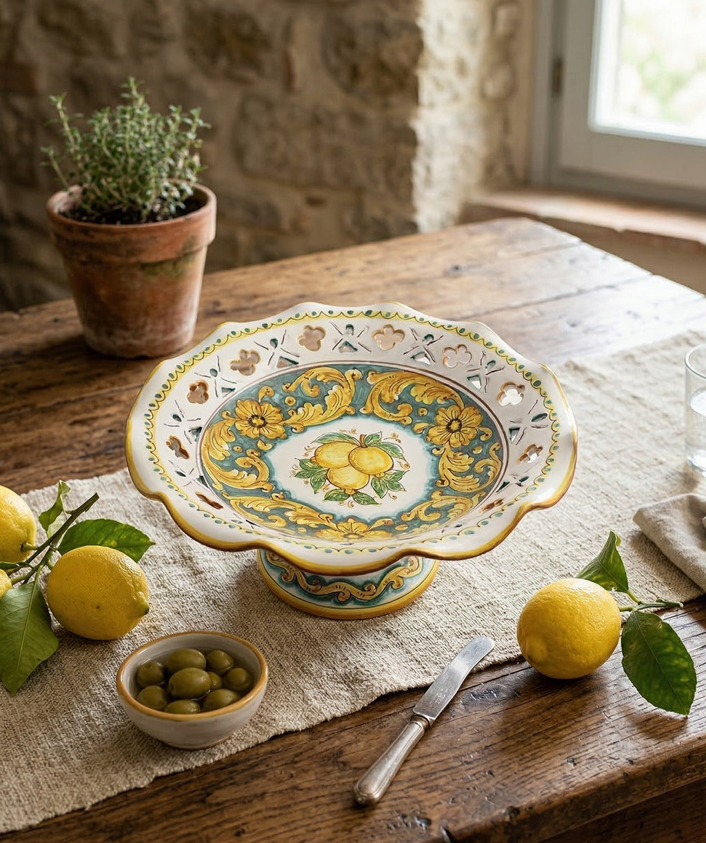 Large ceramic centerpiece decorated by hand by Sicilian ceramists lemons art 3