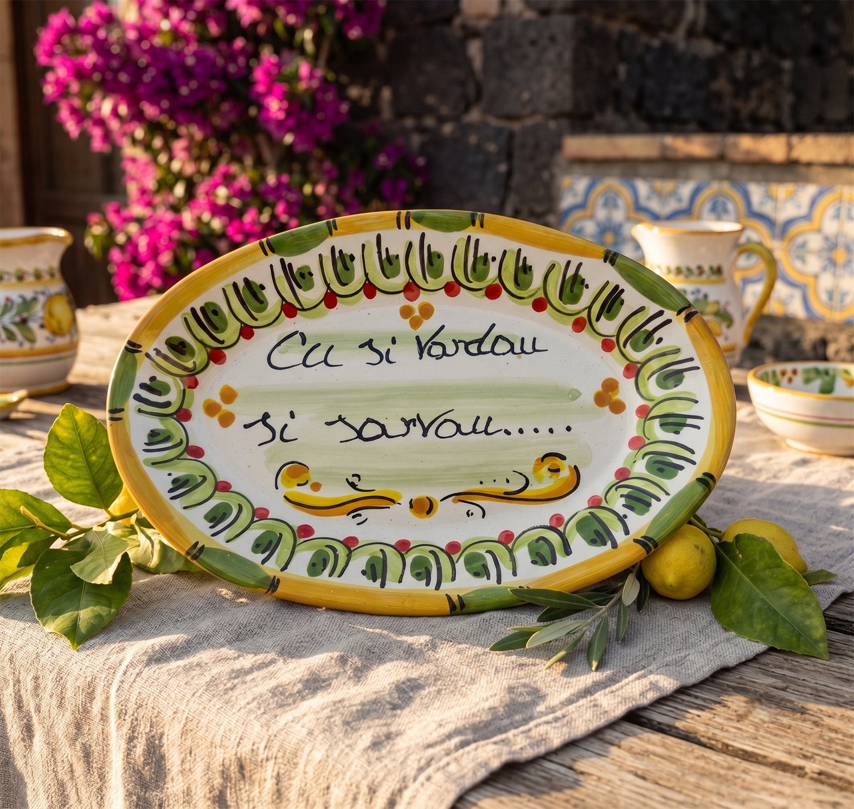 Vassoio proverbio siciliano in ceramica di Caltagirone decorato a mano art 4
