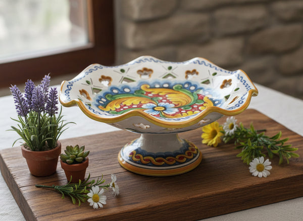 Centrotavola alzata media in ceramica decorata a mano da ceramisti siciliani fiore rosso art 4