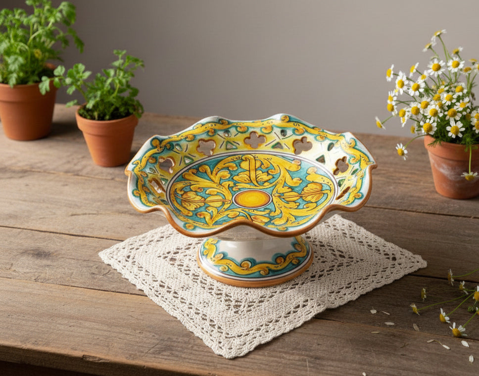 Centrotavola alzata media in ceramica decorata a mano da ceramisti siciliani gianluca art 4